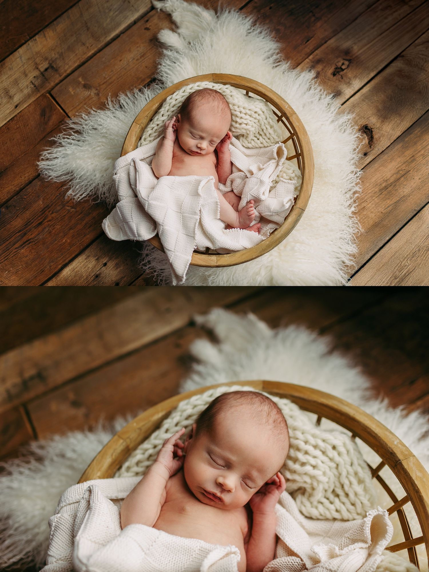 Sleeping newborn rests peacefully on soft white fur blanket in rustic wooden setting with round basket prop.