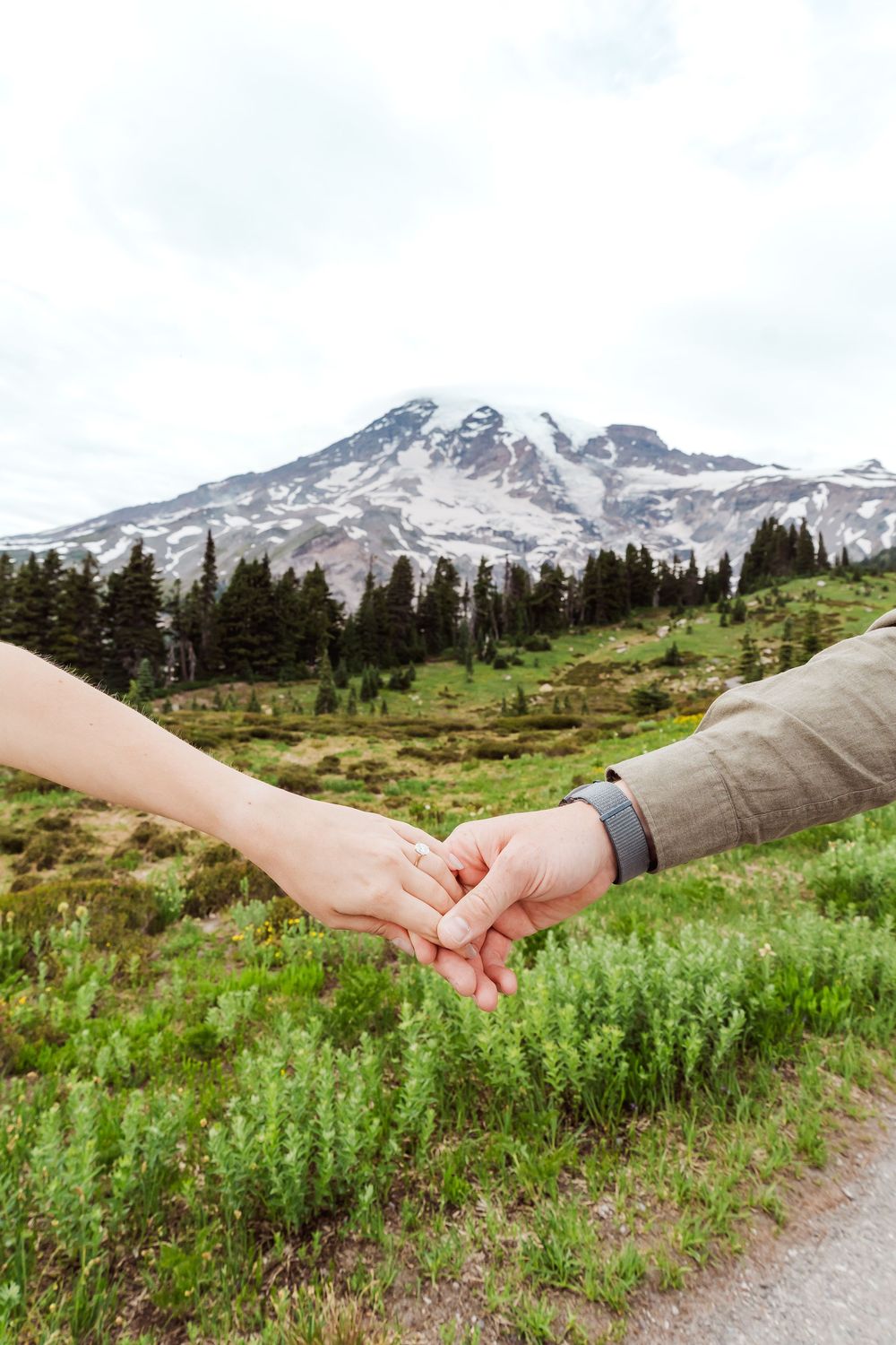 Two hands hold each other against a scenic mountain landscape with snow-capped peaks and green meadows. Engagement photography in Seattle.