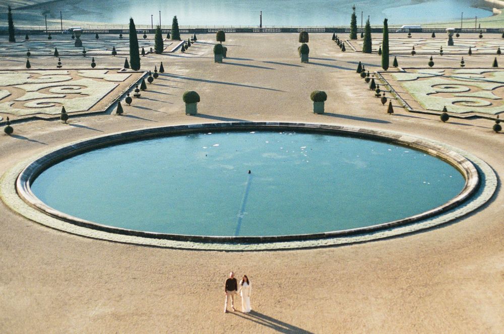 Versailles wedding photos on film photography taken on aerial view. Drone photography. Versailles cinematic photography. Paris photographer.