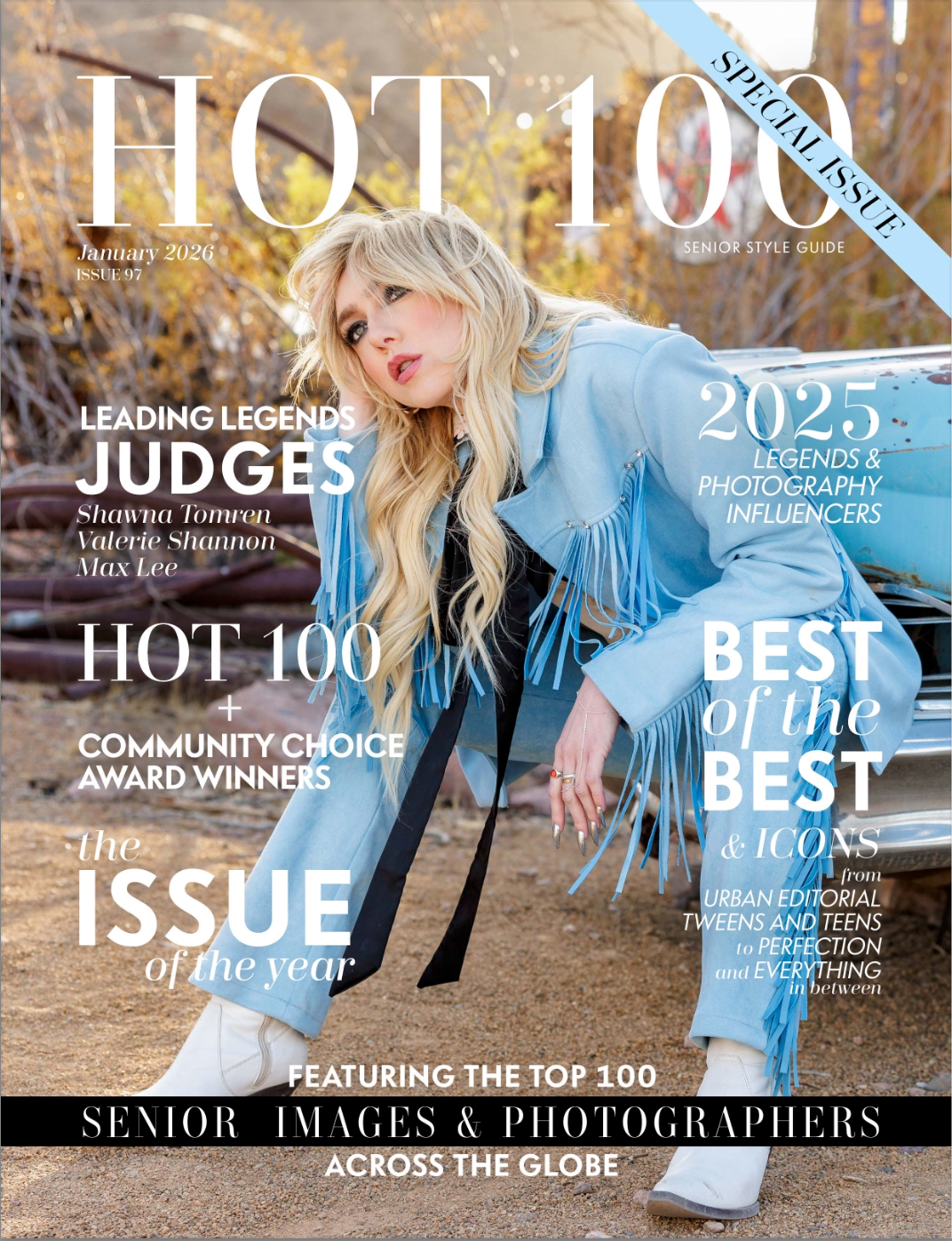 Magazine cover collage featuring photography awards and Hot 100 issue designs in blue and gold tones.