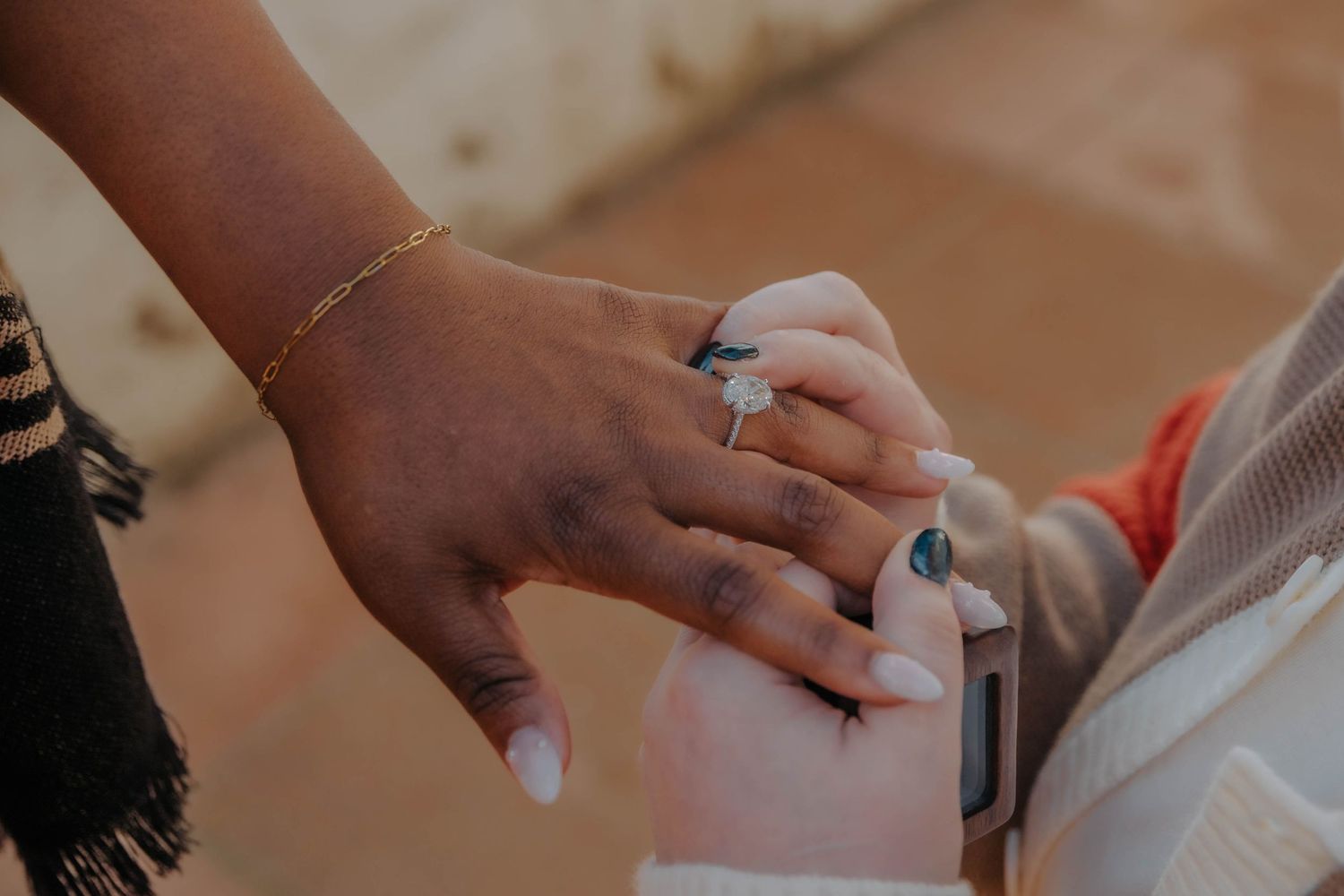 Couple sitting on a tiled bench enjoying the special moment.