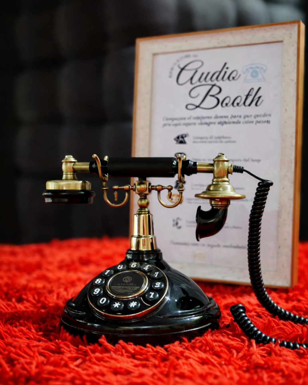 Vintage black rotary telephone with brass accents displayed on red velvet fabric next to framed Audio Booth sign.