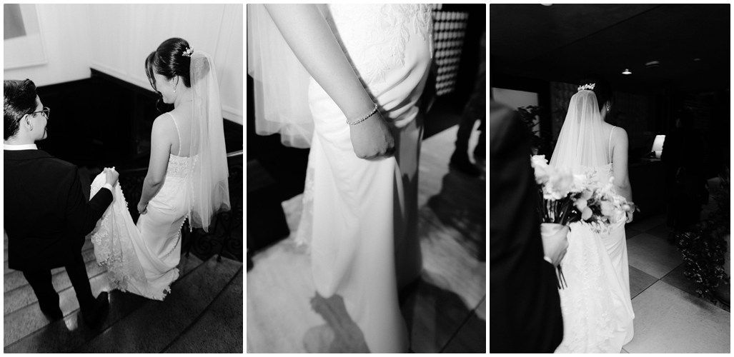 A series of black and white wedding photographs showing couples dancing and celebrating at a reception.