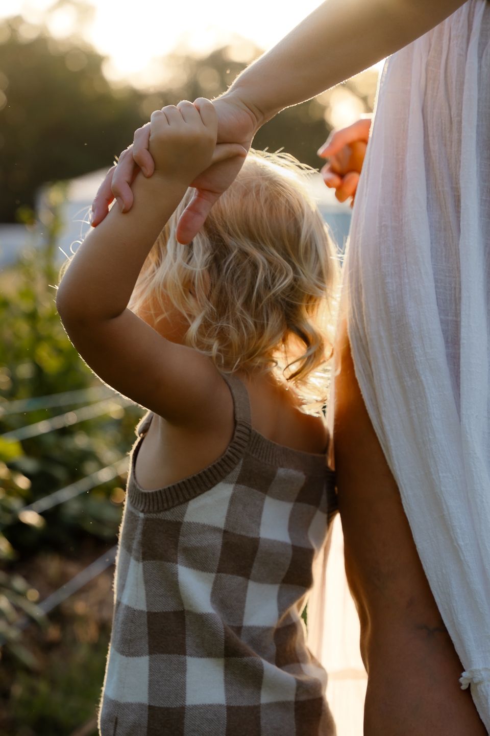 Family exploring a wildflower meadow together at sunset during a summer evening outdoors.