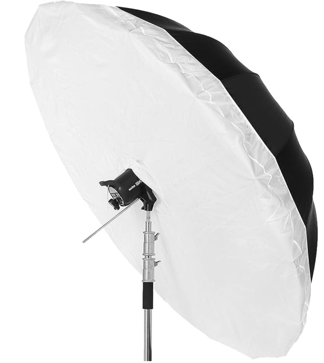 Professional photography umbrella reflector with white diffusion cover mounted on light stand against dark background.