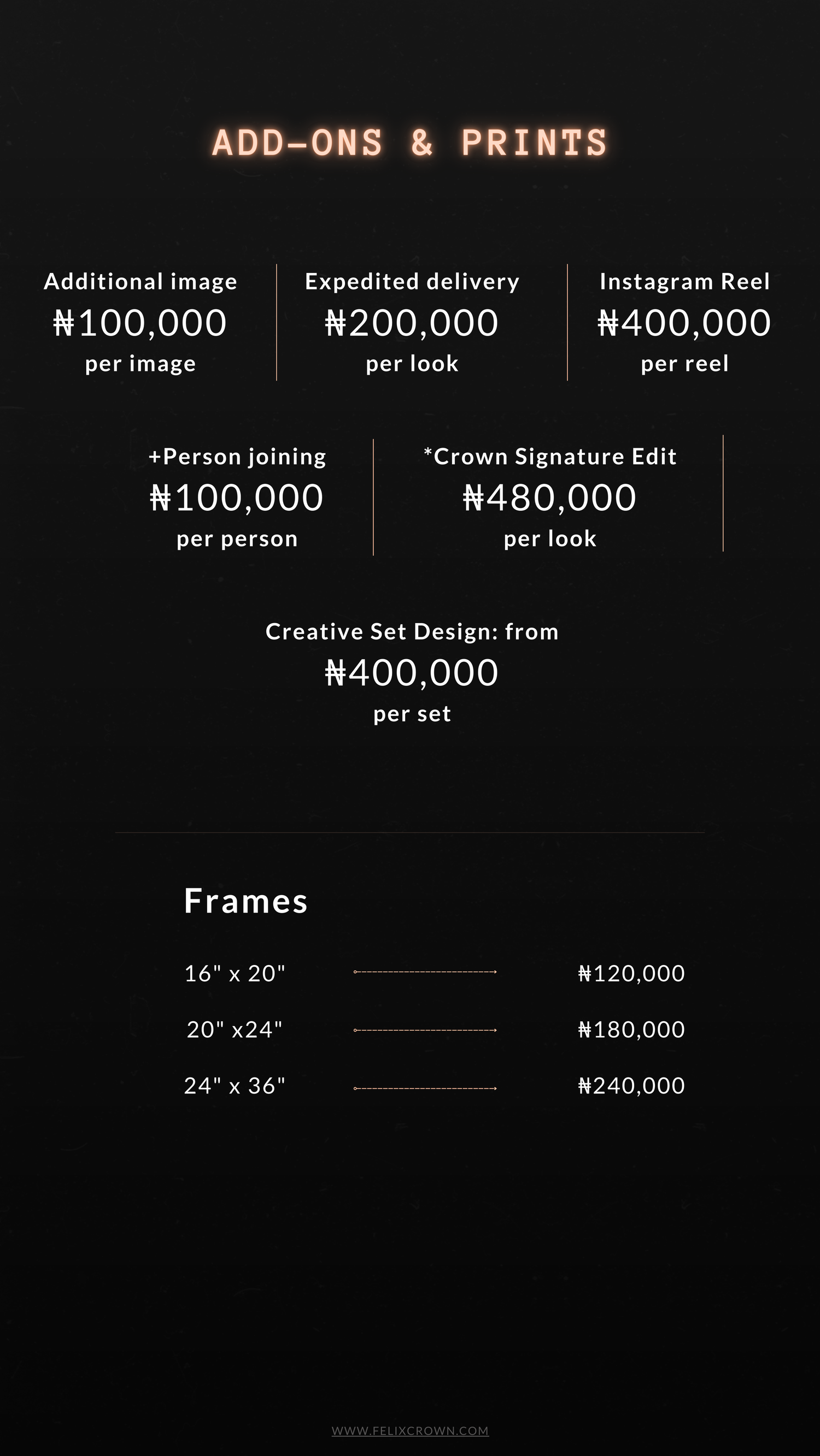 A dark themed photography pricing menu displaying various studio session packages and add-on services with costs in Naira.