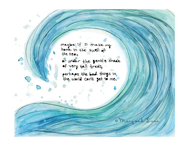 watercolor painting of a big turquoise ocean wave and a poem written in the curl of the wave