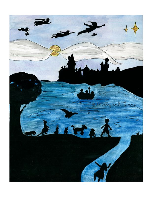 watercolor painting of silhouettes of classic british literature: peter pan, Hogwarts, Winnie the Pooh, and alice in wonderland