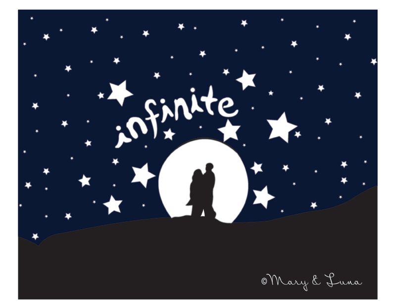 digital art of a moon on the horizon, stars, silhouette of a couple in front of the moon. the word in the sky says "infinite"