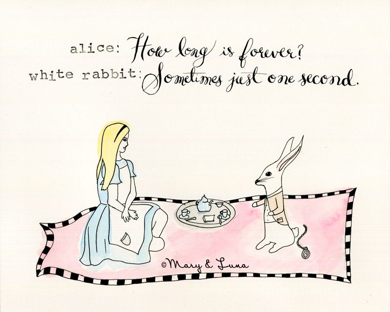 watercolor painting of alice in wonderland and white rabbit having tea. quote from alice in wonderland above them.