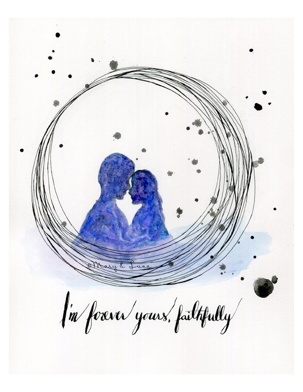 watercolor painting of silhouette of couple with circles around them. calligraphy below says "I'm forever yours, faithfully"