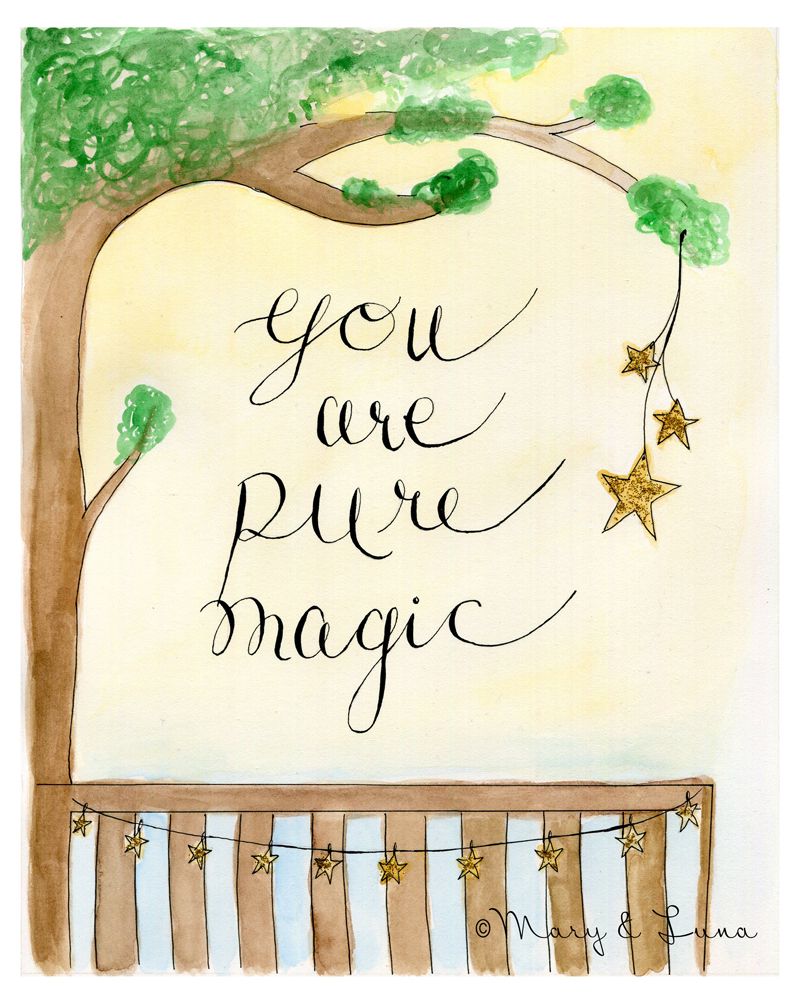watercolor painting of balcony on a tree, stars dangling from branch and railing, calligraphy says "you are pure magic"