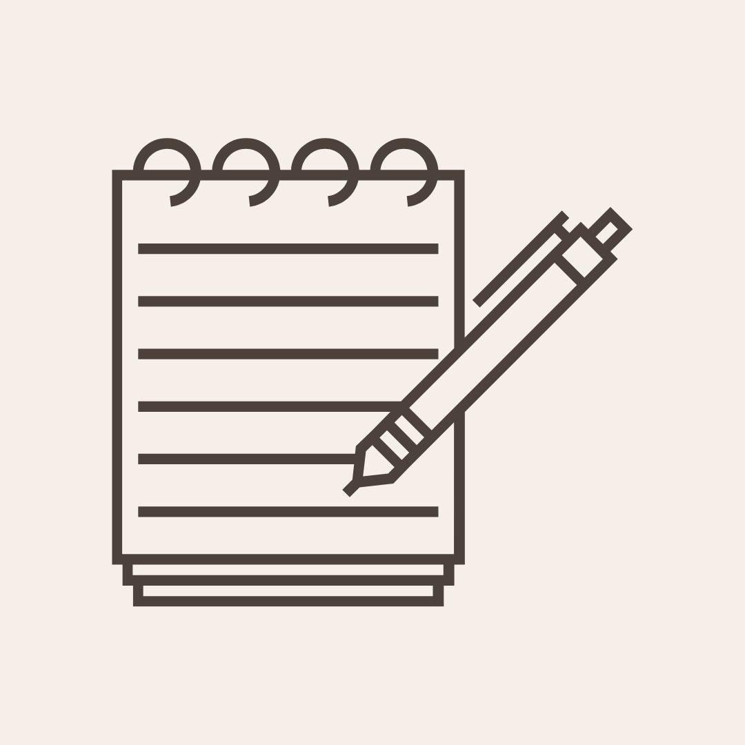 Simple line drawing of a notepad with horizontal ruled lines and a pencil resting diagonally across it.