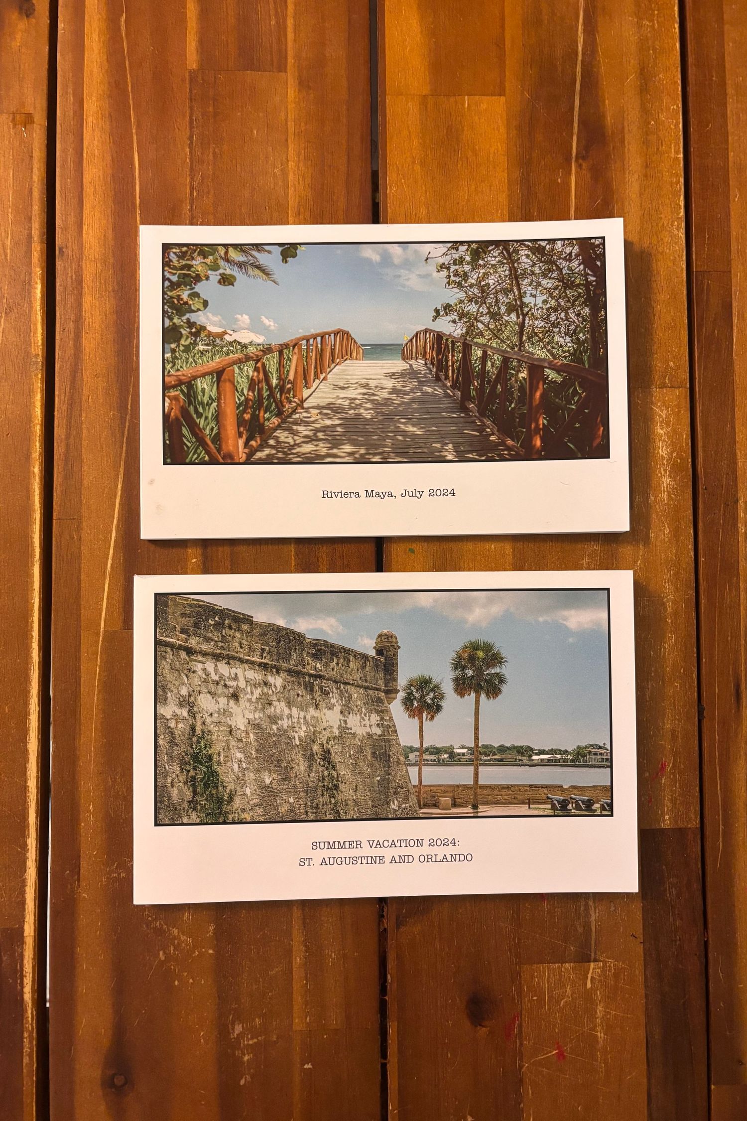 Two landscape photos showing a wooden boardwalk and historic stone fort wall.