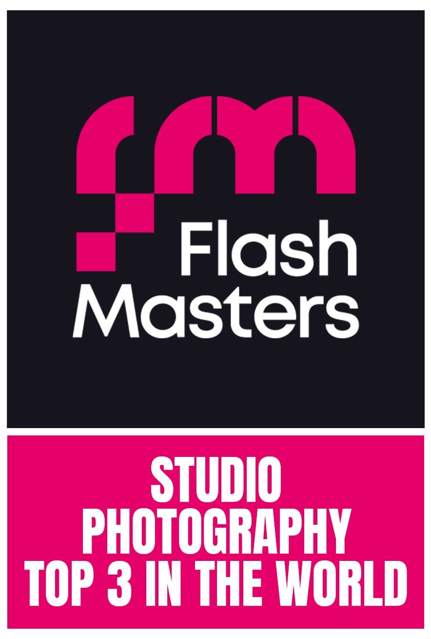 Flash Masters Studio Photography Top 3 in the World text logo in black and pink.