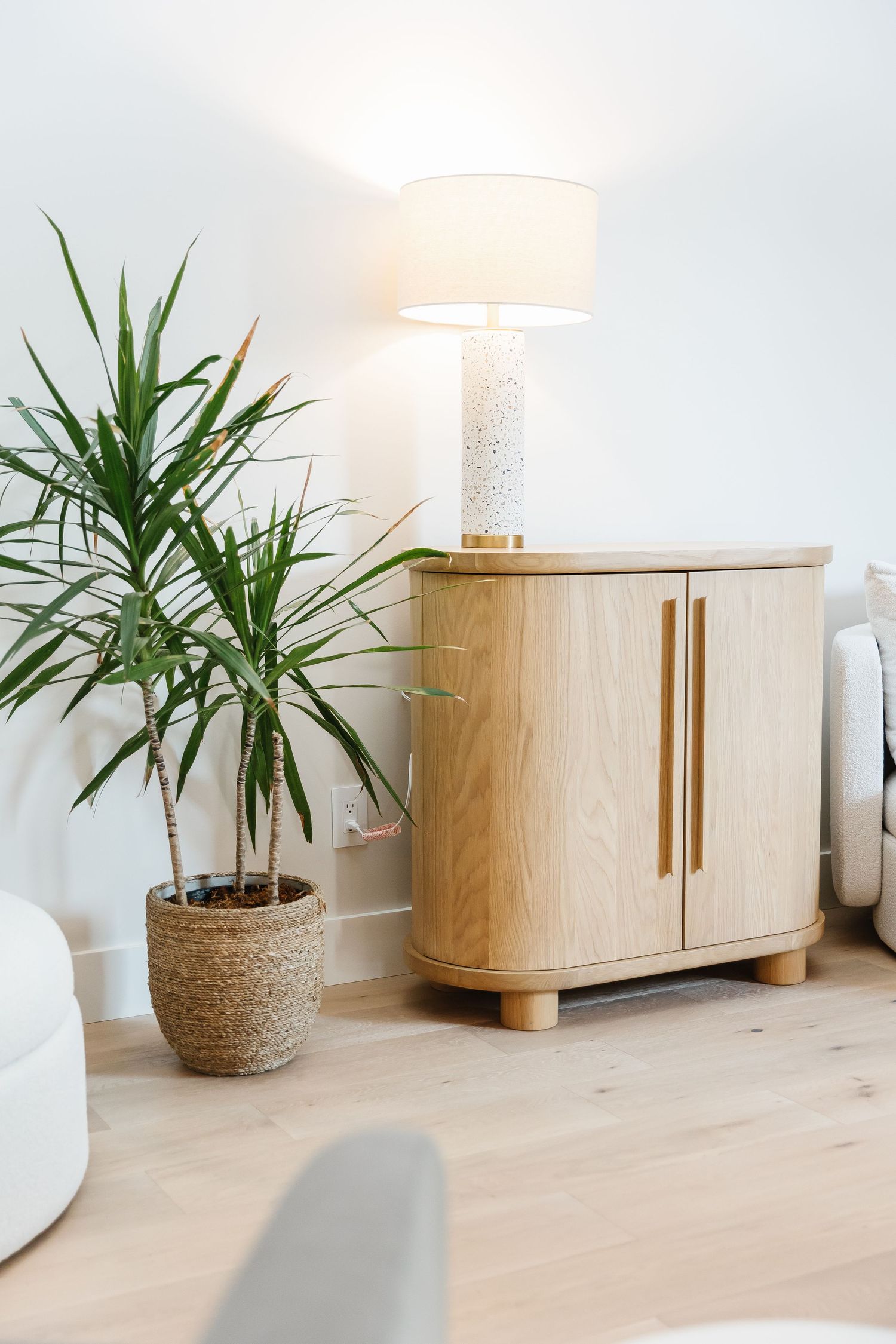 Modern wooden sideboard with brass handles and potted plants on light hardwood flooring in minimalist interior design.