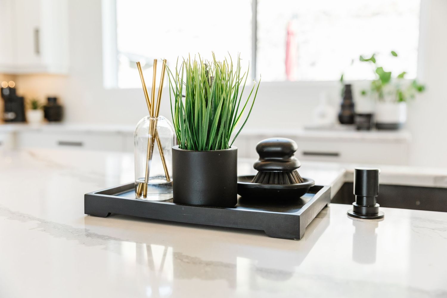 Minimalist kitchen decor with black tray and green plants on white counter at a Kelowna Airbnb