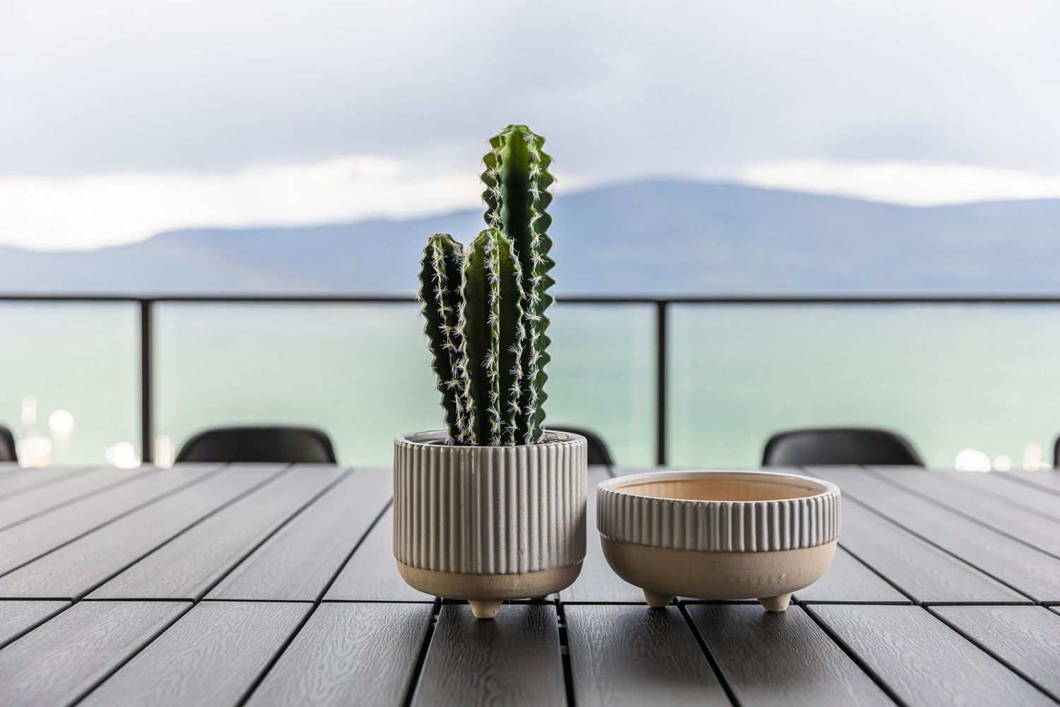 Minimalist table setting with small potted cacti on wooden outdoor deck West Kelowna British Columbia Airbnb photography