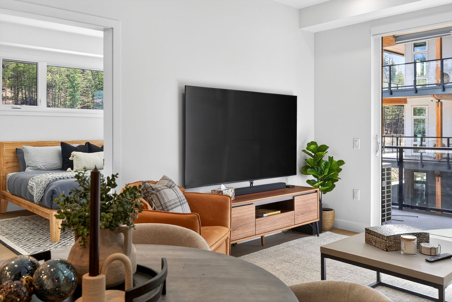 Modern interior design collage showing minimalist living spaces with clean lines and contemporary furniture in neutral tones.