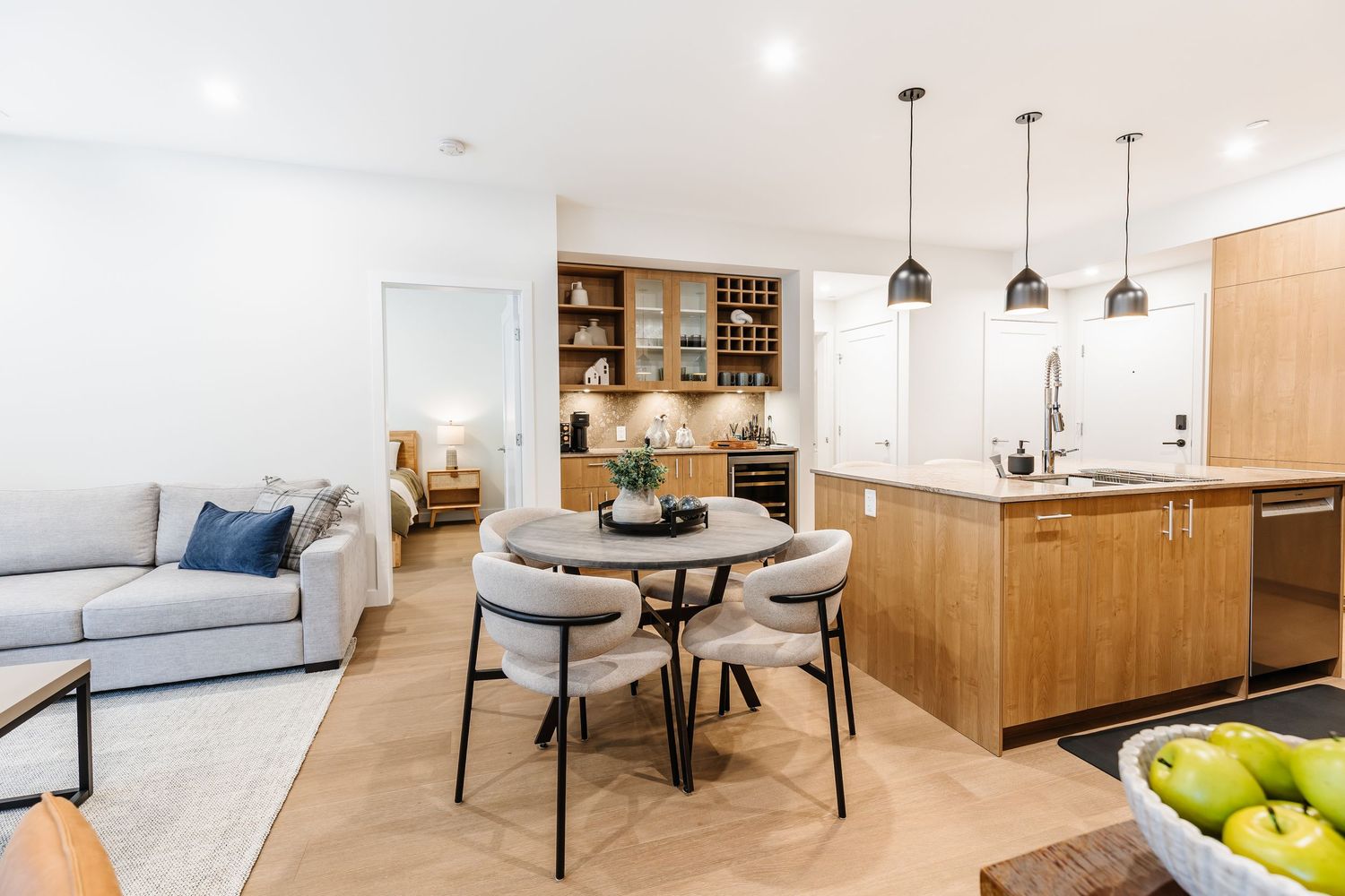 Modern apartment interior design collage showing living room, kitchen and dining areas with minimalist Scandinavian style.