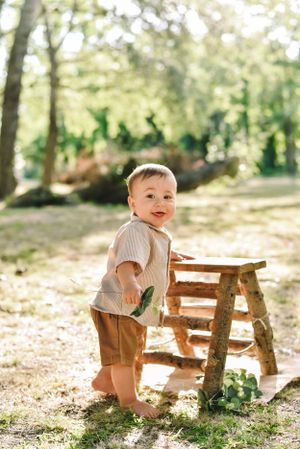 Rustic outdoor scene with wooden bench and dappled sunlight through trees.