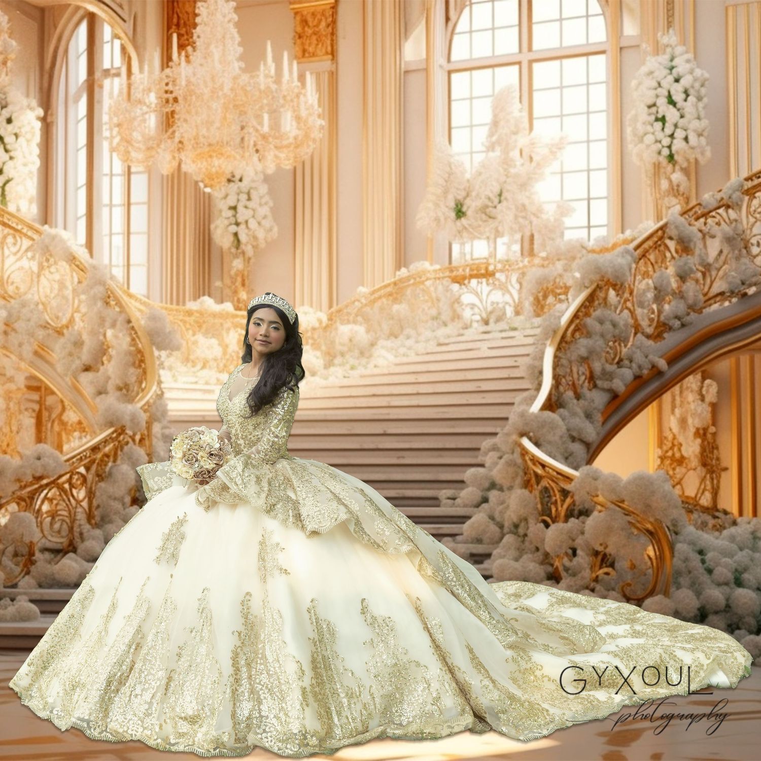 A dramatic quinceañera photo in a gold baroque palace featuring a sparkling ballgown and grand staircase.