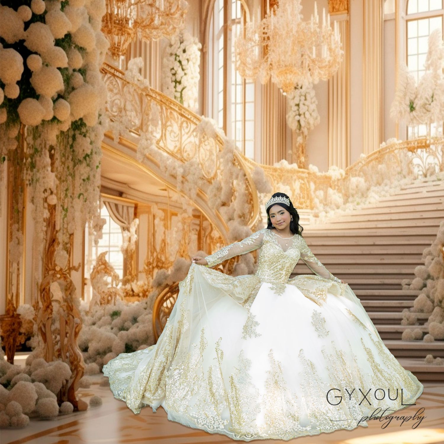 A regal portrait on grand marble stairs with white balloons and chandeliers creating a fairy tale setting.