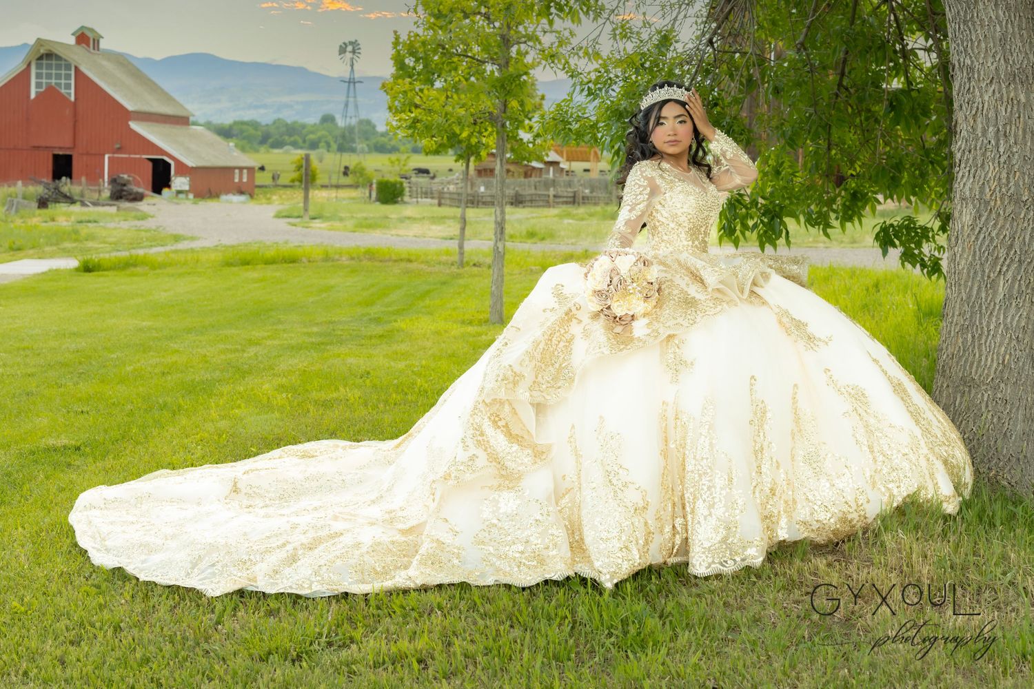 A quinceañera poses in a flowing gold ballgown with a dramatic train on grassy countryside grounds.