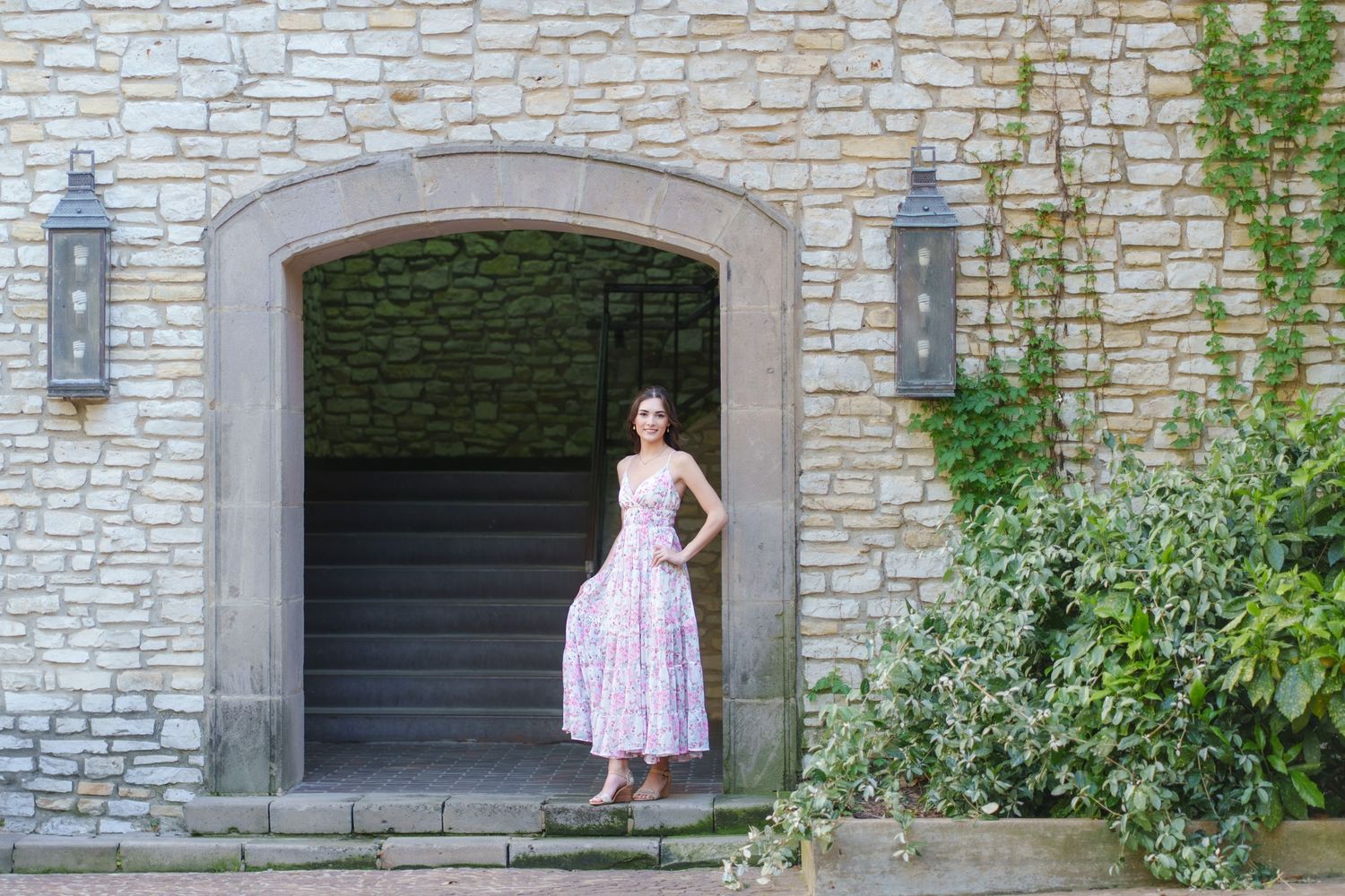 senior photos 2025 class Irving Tx  Mandalay Canal Texas pose floral  dress outfit fall season blonde girl black hair Los Colinas