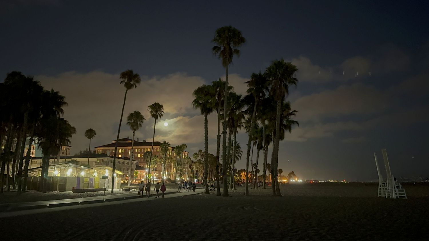 Night scene of illuminated palm trees and buildings along coastal road.