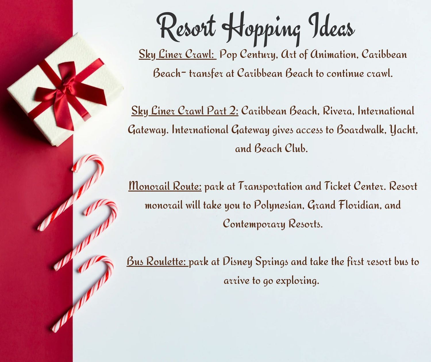 Holiday resort hopping guide with candy canes and gift box decoration on white paper.