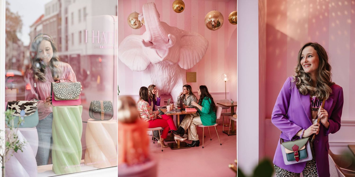 Zakelijke fotoshoot van een vrouwelijke webshop eigenaresse in een kleurrijke ruimte met veel roze bij The Cake Room Breda.