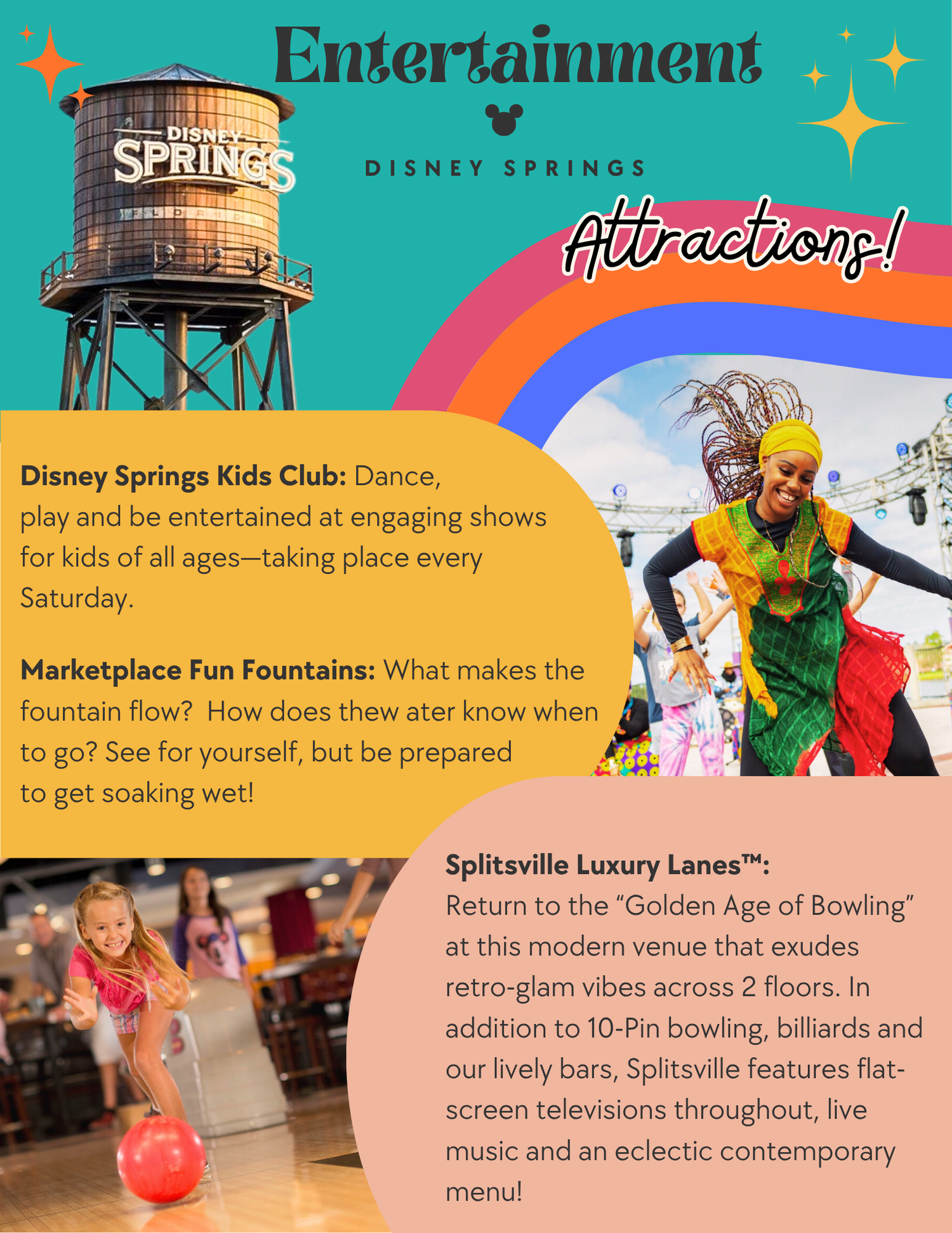 Entertainment guide highlighting Disney Springs Kids Club, bowling alley, and interactive fountain attractions.