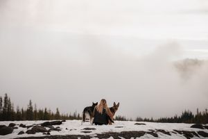 Husky and German shepherd with owner in the snow