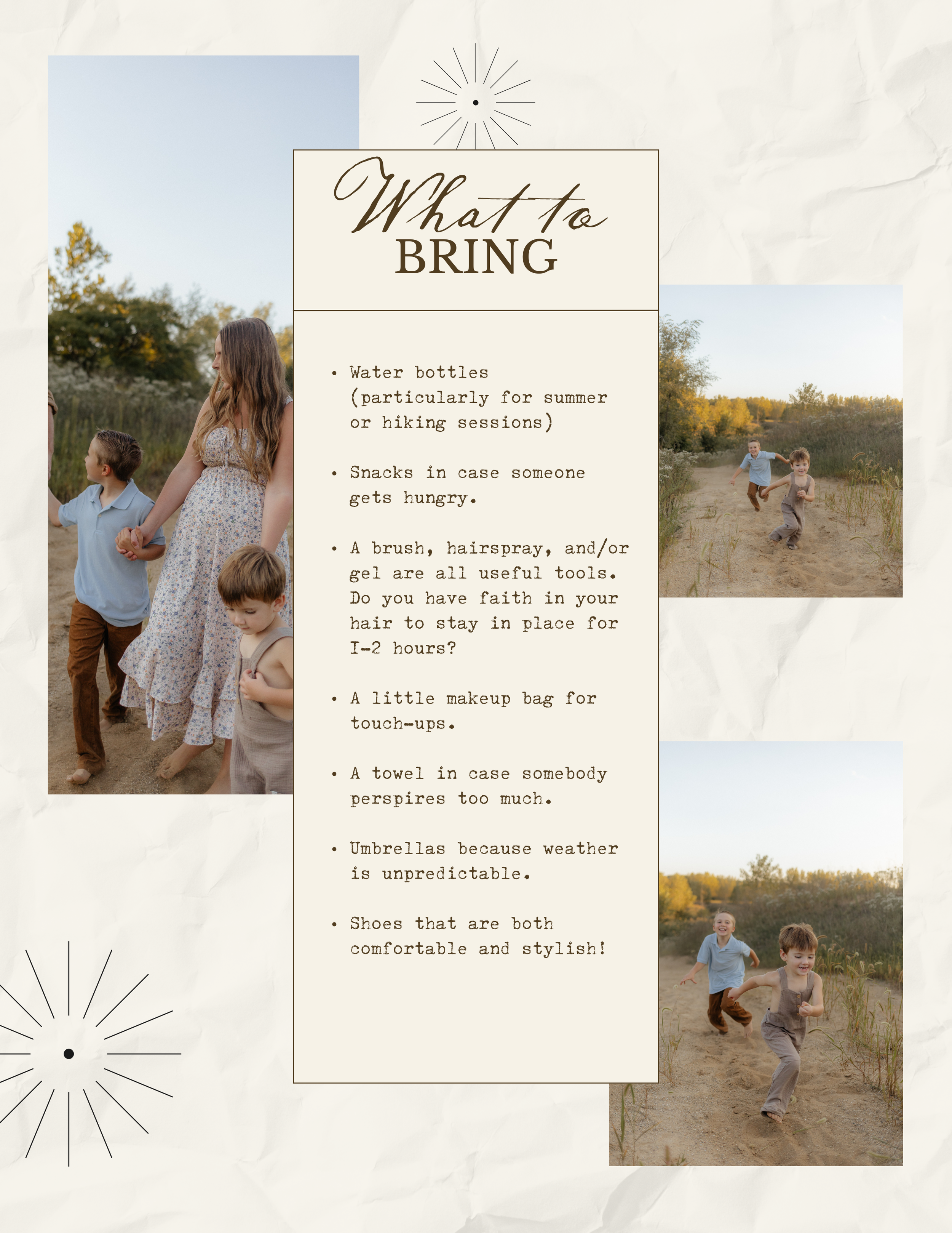 Lifestyle photography collage featuring outdoor family moments and text overlay about what to bring and prepare for a shoot.