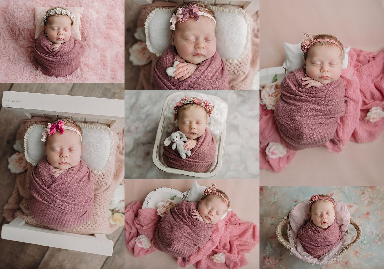 Newborn photography session featuring soft sage green wrapping and rustic wood props in a neutral studio setting.