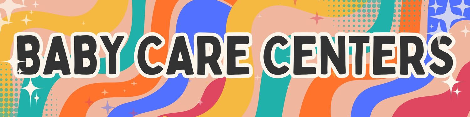 Vibrant banner design with text 'Baby Care Centers' on colorful geometric background.