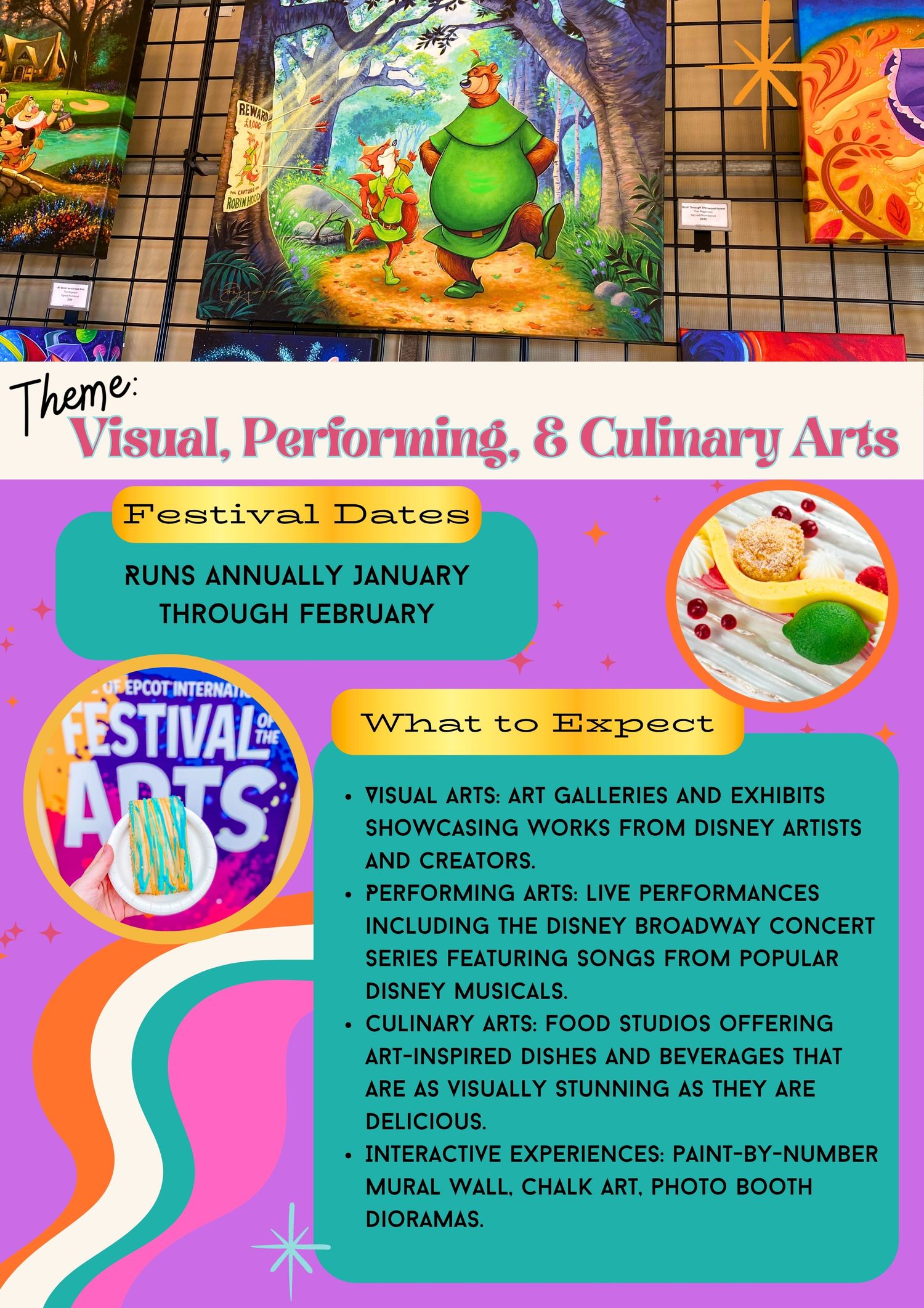 Festival event details poster showcasing visual, performing, and culinary arts with colorful design elements.
