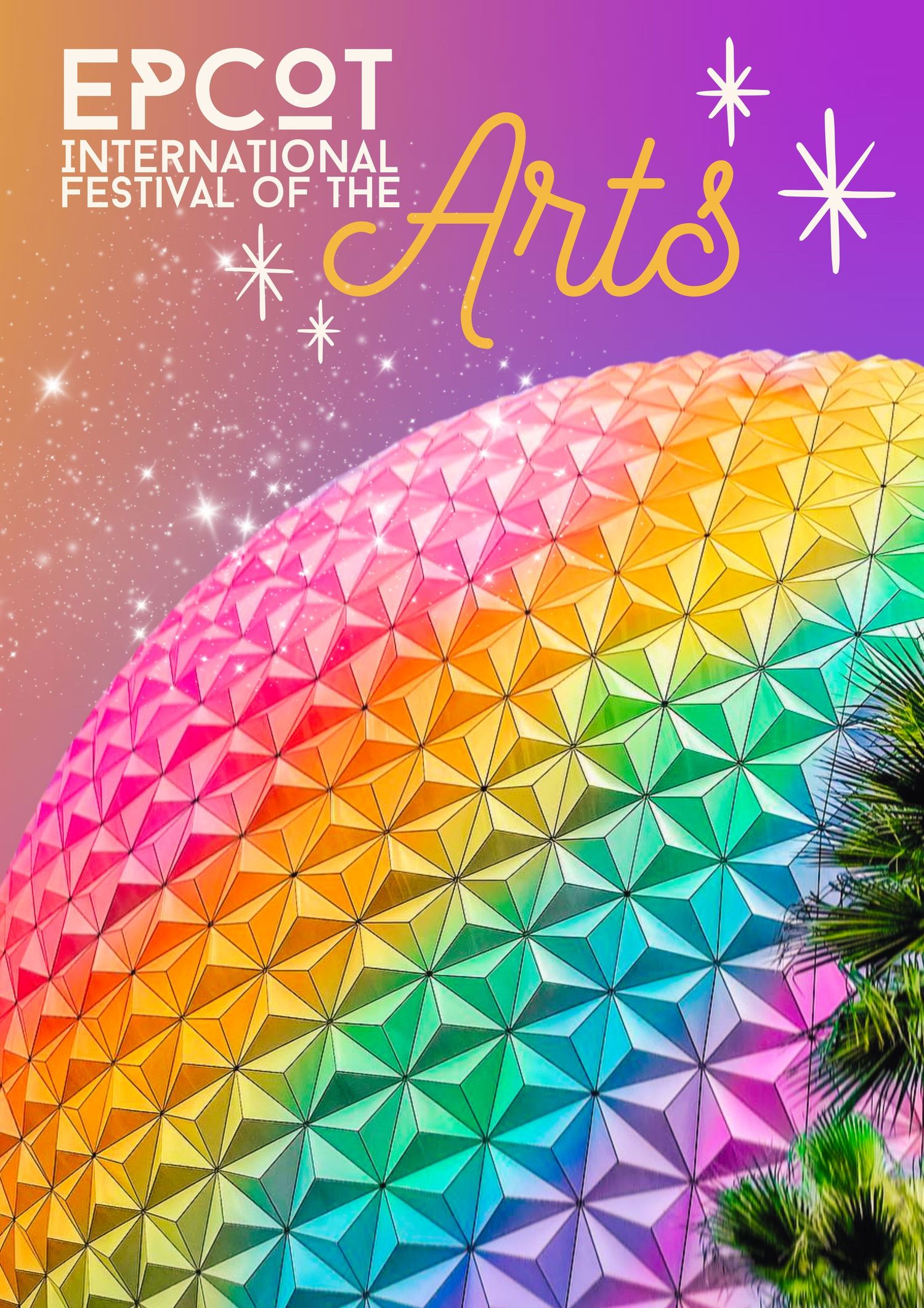 Illuminated geodesic sphere of Spaceship Earth in rainbow colors against a starry purple sky.