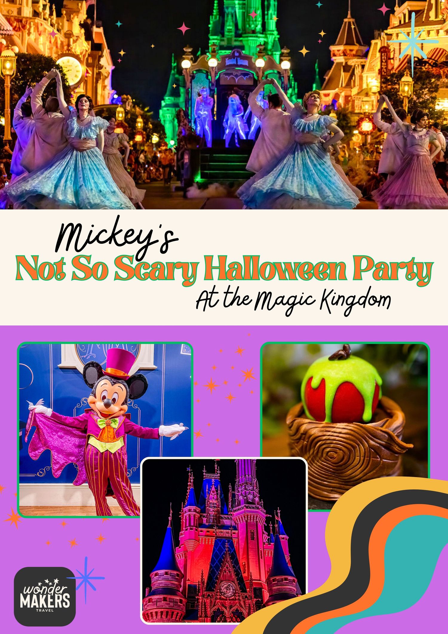 Illuminated castle at night with colorful lights during Mickey's Not So Scary Halloween Party.
