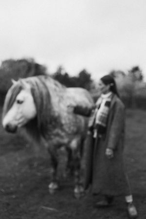 Blurry vintage photograph of people interacting with a pony in a rural field setting.