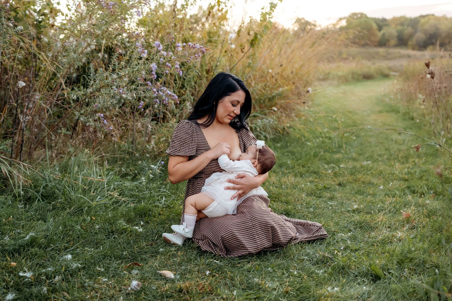 A collection of outdoor family photos showing loving moments between parent and child in a natural setting.
