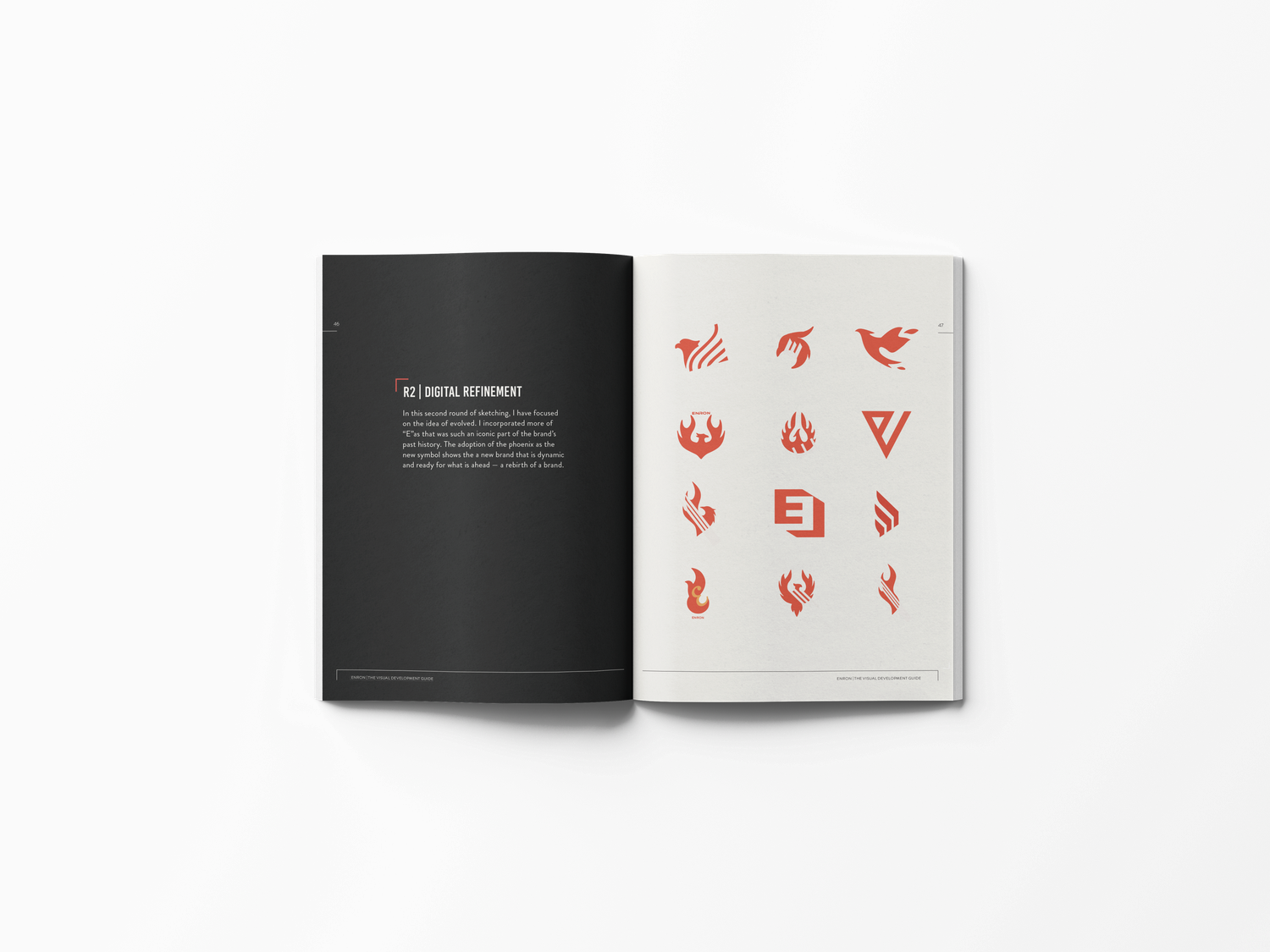 Open black and white brand book displaying red geometric icons on white pages.