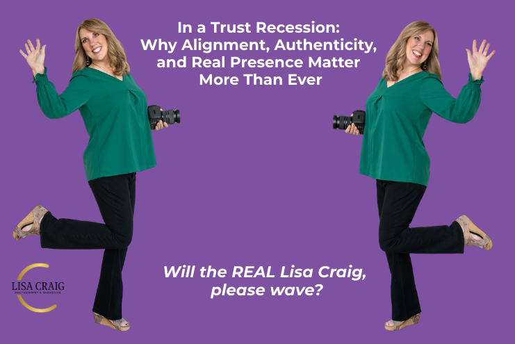 Real and AI-generated images of brand photographer Lisa Craig shown side by side to illustrate authenticity versus artificial perfection.
