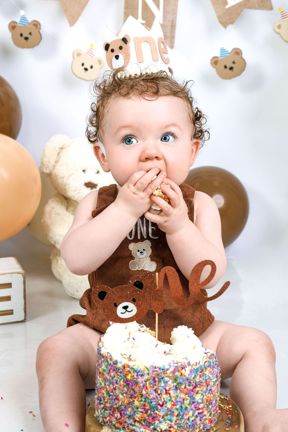 Baby celebrating first birthday smashing a sprinkle cake, wearing bear outfit with teddy bear decorations and balloons.R.A.M Photography,