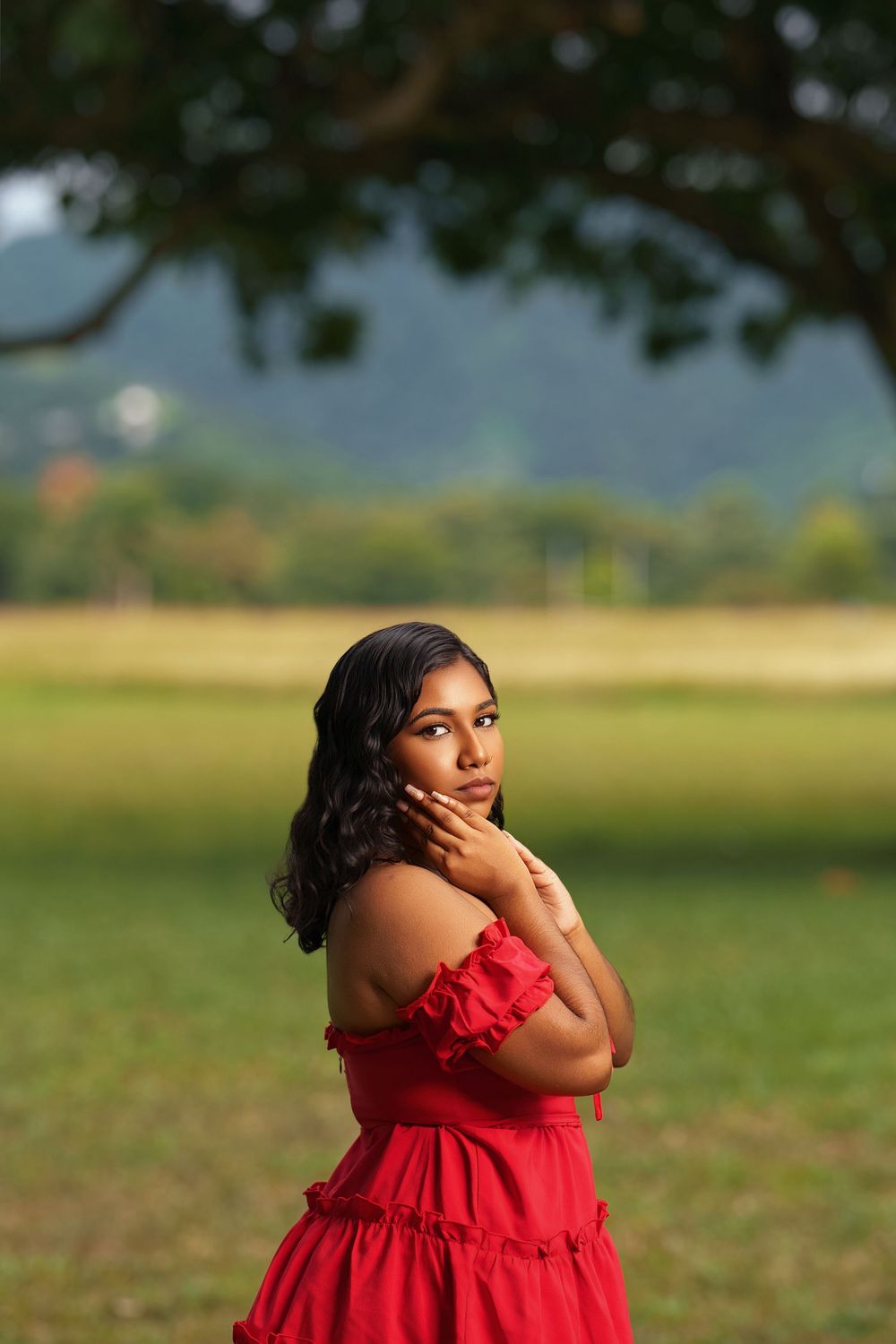 A sequence of photos shows someone in a vibrant red dress posing gracefully outdoors in a grassy field.