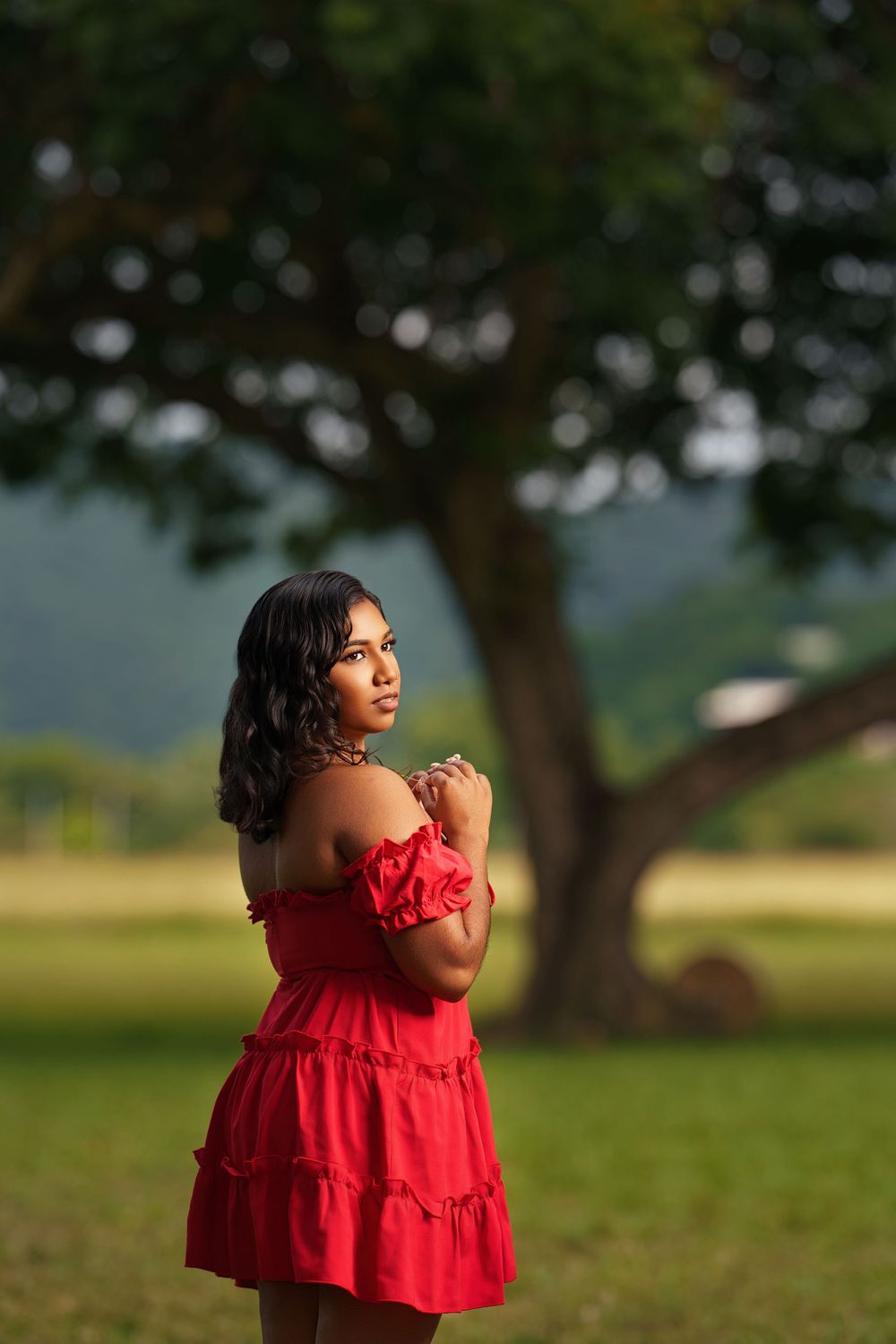 A person in a flowing red dress poses gracefully in a scenic outdoor setting with trees and grass in the background.