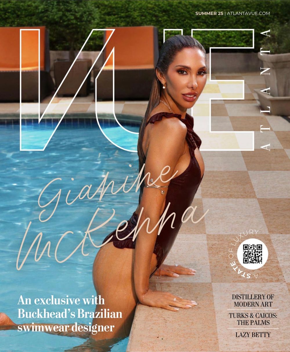 A modern poolside photoshoot layout featuring magazine-style design elements and text overlays in gradient colors.