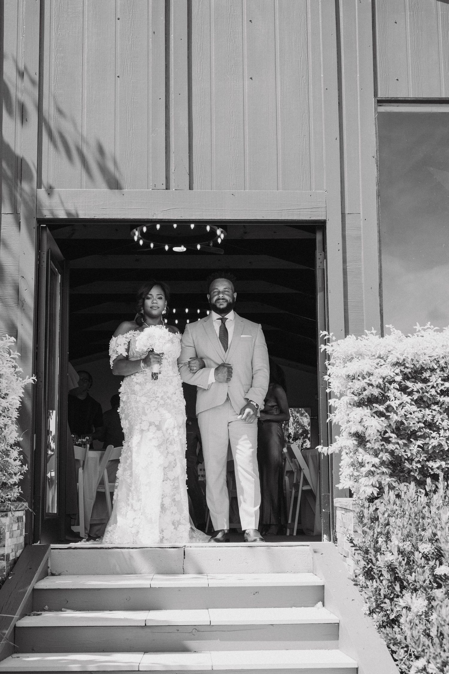 Black and white photo sequence showing a couple's grand entrance at their wedding venue.