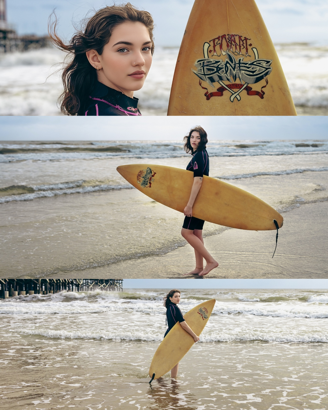 Collage of young woman with vintage yellow longboard surfboard on sandy beach in wetsuit.